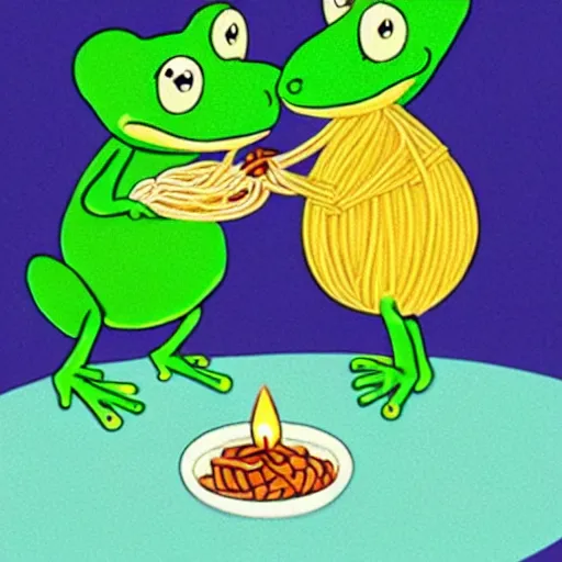 Prompt: frog and hedgehog on a romantic candlelit date eating spaghetti