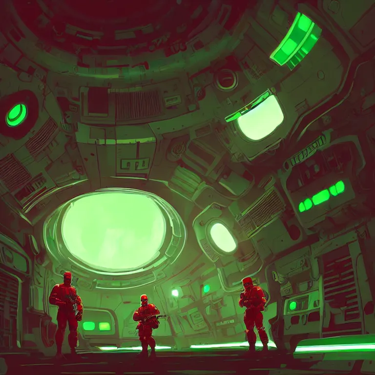 Prompt: A soldier wearing red armor with green lights, high-tech red armor, green visor, green lights, sci-fi soldier, inside a space station, dark space station, dark moods, art by James Gilleard, James Gilleard artwork, vintage