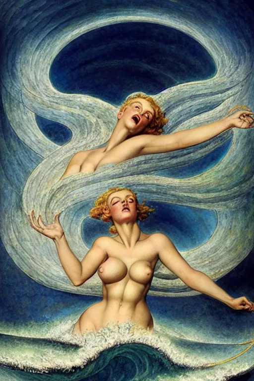 Prompt: a sea witch summoning a giant wave by william blake and karol bak and earl moran and fritz willis and gil elvgren, highly detailed, photorealism, hyperrealistic