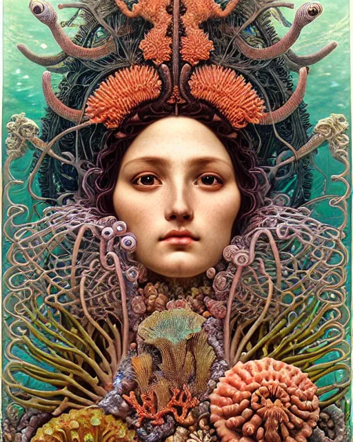 Image similar to hyperrealistic detailed underwater face portrait of the beautiful goddess of the fish skeletons with an intricate headgear of corals, sea kelp, sea plants, fish, starfish, jellyfish, art by ernst haeckel, john william godward, android jones, alphonso mucha, gothic - cyberpunk, ornamental, beautiful deep colours,