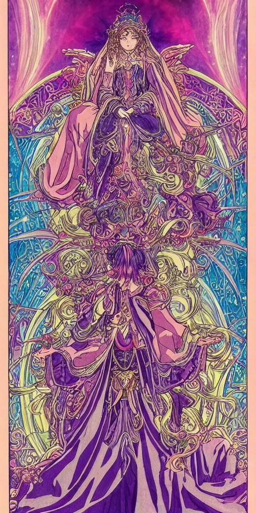 Image similar to a mystical woman priestess sitting on a throne, the divine feminine, drawn by studio UFOTABLE, psychedelic, fine line work, pastel colors, Tarot cards. The empress tarot card, detailed, anime