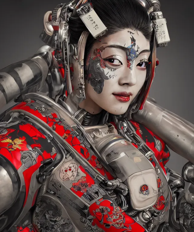 Image similar to an epic fantastic realism comic book style portrait painting of a japanese robotic geisha with kanji tattoos and decals, apex legends, octane render, intricate detail, 4 k hd, unreal engine 5