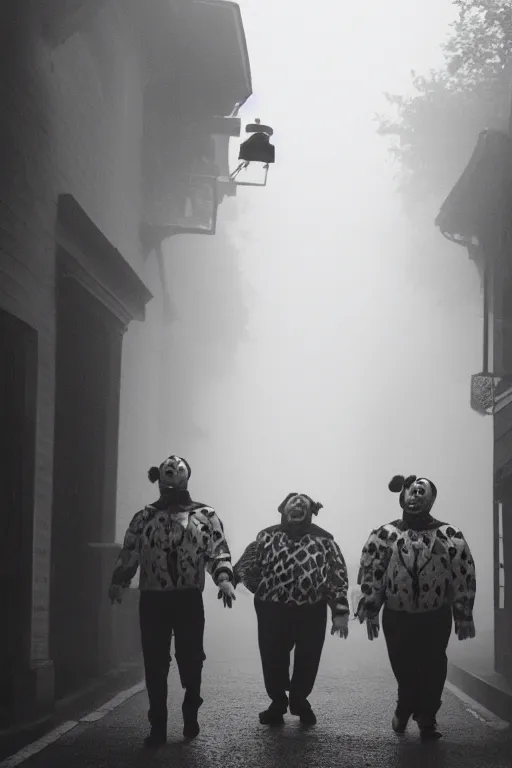Prompt: a group of men dressed as clowns walking down a dark foggy alley