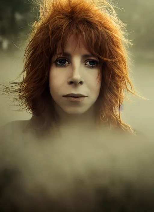 Prompt: Young Mylene Farmer, face centered portrait of young Mylene Farmer, Confident, fog, rain, volumetric lighting, beautiful, golden hour, sharp focus, ultra detailed, cgsociety by Leesha Hannigan, Ross Tran, Thierry Doizon, Kai Carpenter, Ignacio Fernández Ríos, noir art house, 4k, 35mm, fujifilm