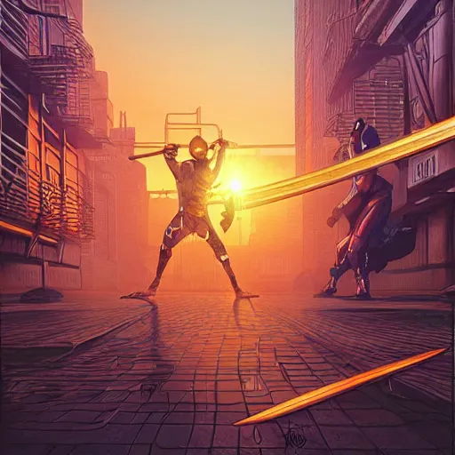 Image similar to ninja cyborgs katana duel in cybercity, golden hour, poster by michael whelan and gilbert williams and evgeny lushpin and artgerm and alena aenami, 3 0 mm, highly detailed