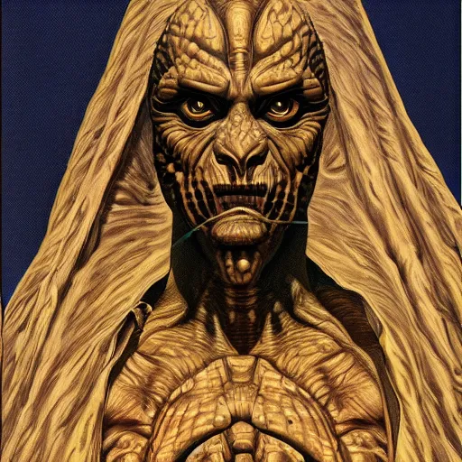 Image similar to humanoid reptilian priest, bronze age, portrait, high quality, symmetrical, hd photorealistic by alex ross