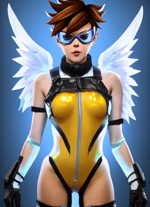 Image similar to portrait bust digital artwork of tracer overwatch, wearing white iridescent rainbow latex and leather straps catsuit outfit, 4 k, expressive happy smug expression, makeup, in style of mark arian, angel wings, wearing detailed black leather collar collar collar collar, chains, black leather harness, detailed face and eyes,