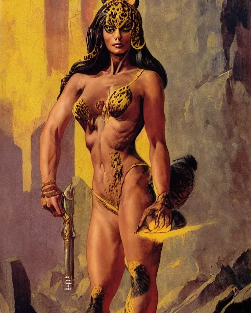 Image similar to tiger woman full body portrait in a palace of gold, by Frank Frazetta