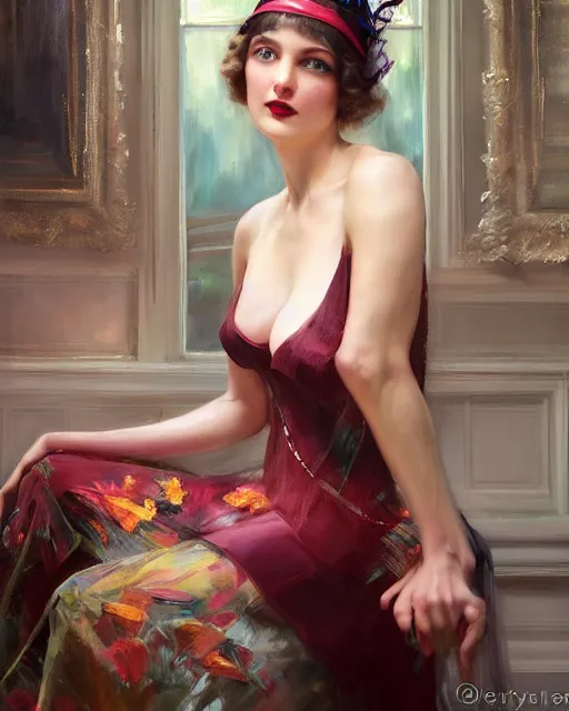 Image similar to daniel gerhartz and artgerm portrait digital realist painting of a 1 9 2 0 s beautiful woman at a party in a mansion, mansion interior in the background, unreal engine, hyper realism, realistic shading, cinematic composition, realistic render, octane render, detailed textures, photorealistic, ultrawide shot, 3 5 mm film