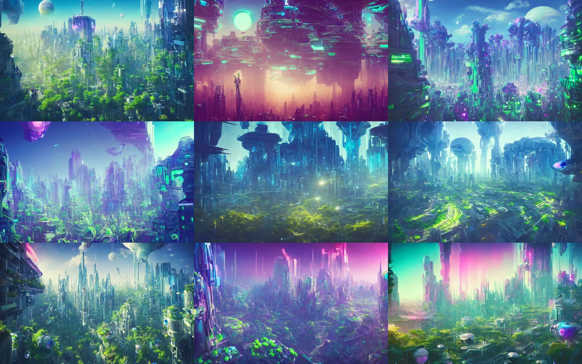 Prompt: a beautiful futuristic cityscape, beautiful plants, daylight, glowing plants, breathtaking clouds, volumetric lights, brilliant lights, very detailed, 4 k, 8 k, sharp focus, surrealism, art deco, vibrant color scheme, cgsociety, 2 d art, acid pixie, by beeple