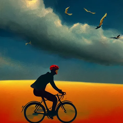 Image similar to The joy of riding a bike through the sky, striking composition, evokes feelings of wonder, expressive digital painting