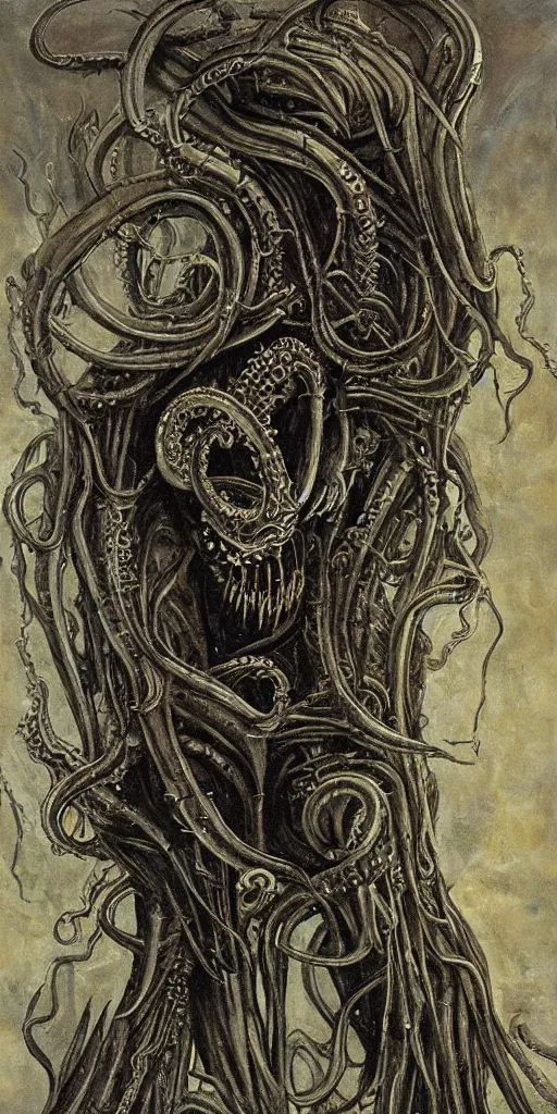 Prompt: eldritch tentacle vampire monster, painted by h.R giger