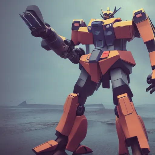 Image similar to 3d realistic of robot gundam, with stormy overcast background, octane render, cinematic, trending on artstation, elegant, intricate, style by Simon Stålenhag, 8k