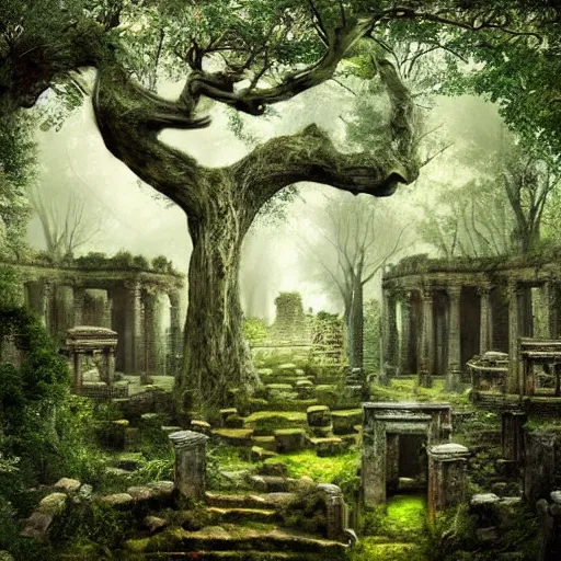 Image similar to beautiful ancient magical overgrown secret place, mysetrious etherial mesmerizing atmosphere, ancient ruins in the forest, extremely intricate, hyper detailed, hd, masterpiece