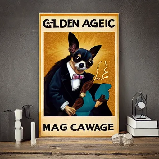 Prompt: golden age of magic poster chihuahua with human hands holding a wand