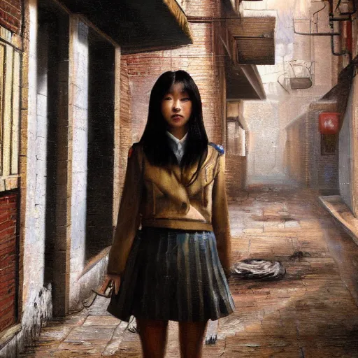 Image similar to a perfect, realistic professional oil painting in Dali style, of a Japanese schoolgirl posing in a dystopian alleyway, close-up, by a professional American senior artist on ArtStation, a high-quality hollywood-style concept