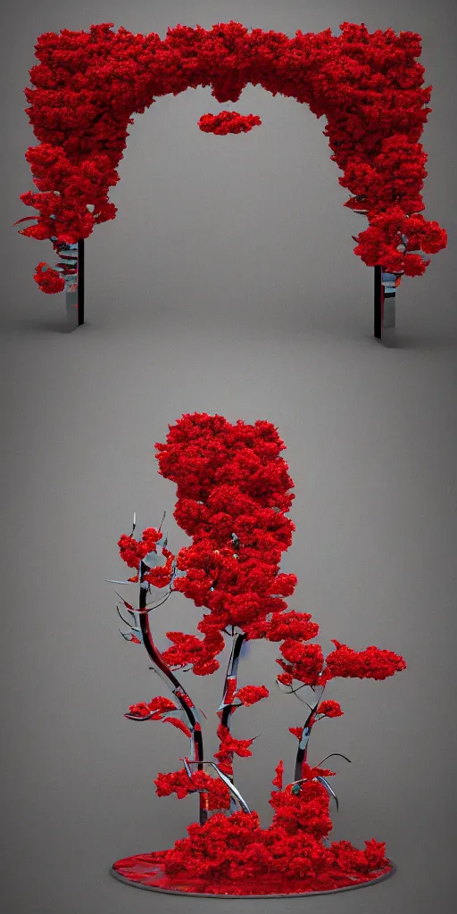 Image similar to 3 d photographic render of an ancient gate sculpture with red sakura flowers made of chrome, chrometype, made of liquid metal, neotribal with metallic thorns and thunders, raytracing, hyper realistic, volumetric lightning, 8 k, by zhelong xu and ouchh studio