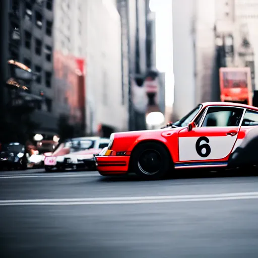 Image similar to photo of a porsche 9 1 1 9 6 4 speeding through nyc, cinematic, motion blur, shallow dof, 3 5 mm, heli shot, macro