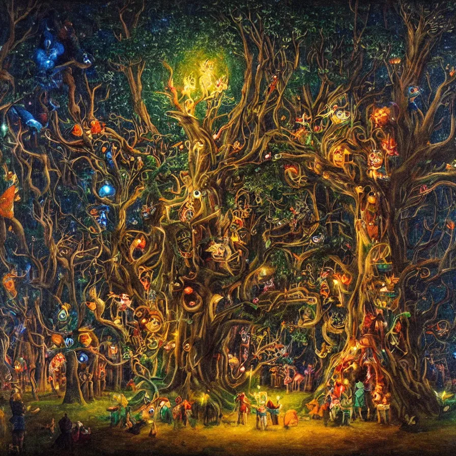 Image similar to a night carnival around a magical tree cavity, with a surreal orange moonlight and fireworks in the background, next to a lake with iridiscent water, christmas lights, folklore animals and people disguised as fantastic creatures in a magical forest by summer night, masterpiece painted by karl briulov, dark night environment