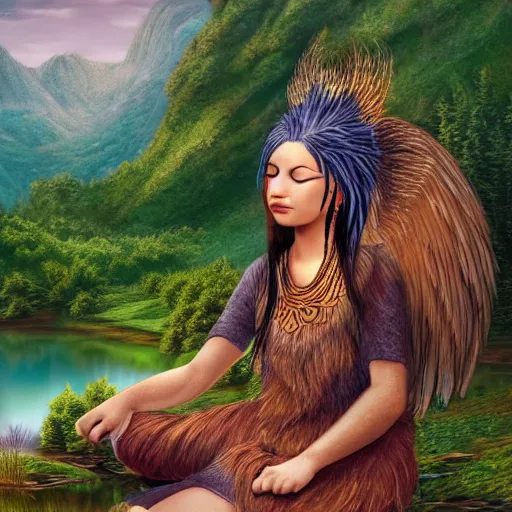 Image similar to mythical harpy, wearing Inka clothes, sad expression, sitting at a pond, mountainous area, trees in the background, digital art