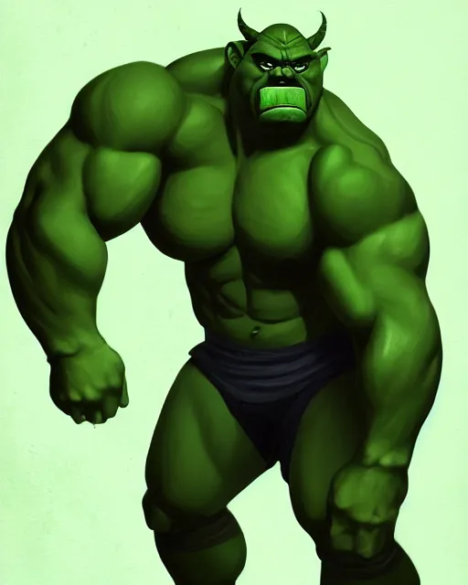 Image similar to « a 2 d portrait of a muscular green orc, reddit contest winner, ilya kuvshinov, 2 d art, parallax »