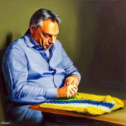 Image similar to viktor orban knitting a scarf, oil painting