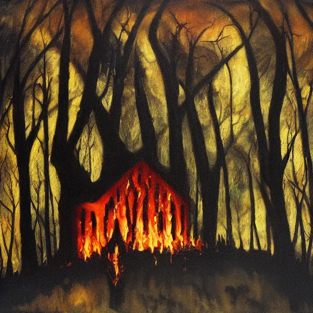 Prompt: burning church in a dark forest, oil painting