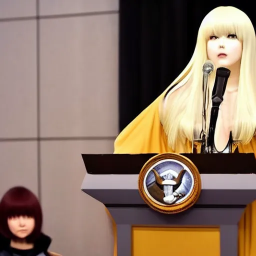 Prompt: griffith from berserk by kentaro miura at hist white house inaugural press conference, photo by getty images