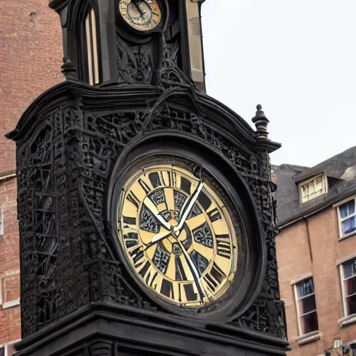 Image similar to A detailed film still of Kaley Cuoco under the Eastgate clock in Chester. Behind her we see a black panther. 70mm