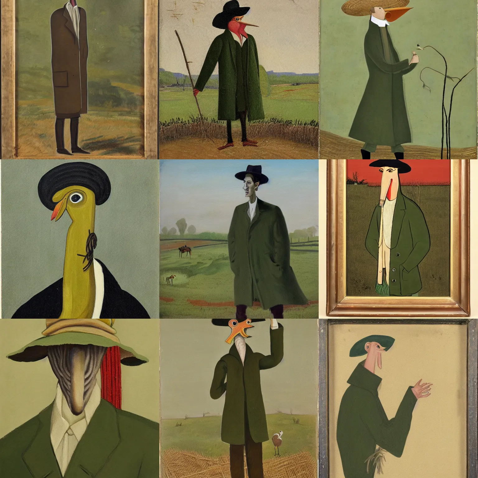 Prompt: bucolic painting of long - necked humanoid with beak - like face, wearing olive green overcoat and straw hat