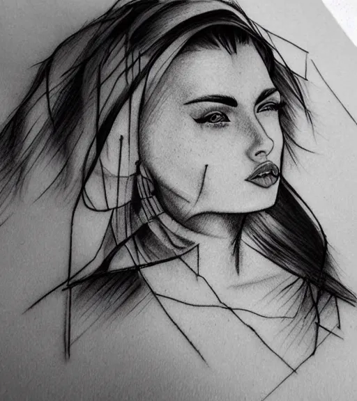Image similar to amazing fade effect of beautiful mountain scenery with a beautiful woman face, tattoo design sketch, hyper - realistic, in the style of matteo pasqualin, amazing detail, black and white