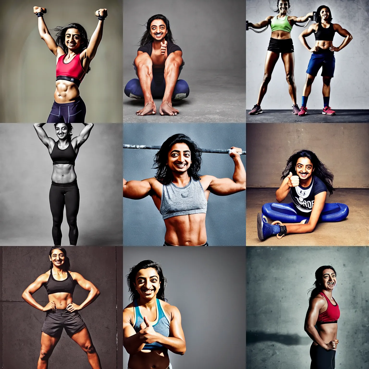 Prompt: Radhika Apte as a strong crossfit athlete, smiling, giving a thumbs up to the camera, photo portrait by Annie Leibovitz