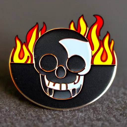 Prompt: a highly detailed retro minimalistic smiling happy skull with fire flame enamel pin