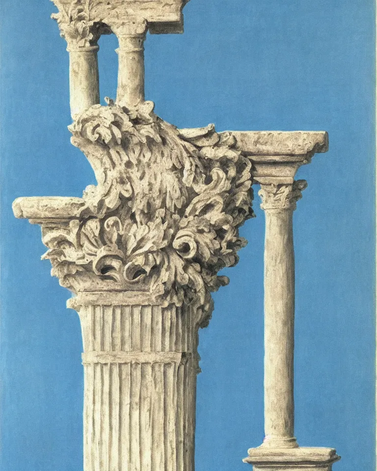 Image similar to achingly beautiful print of intricate ancient roman corinthian capital on a baby blue background by rene magritte, monet, and turner.