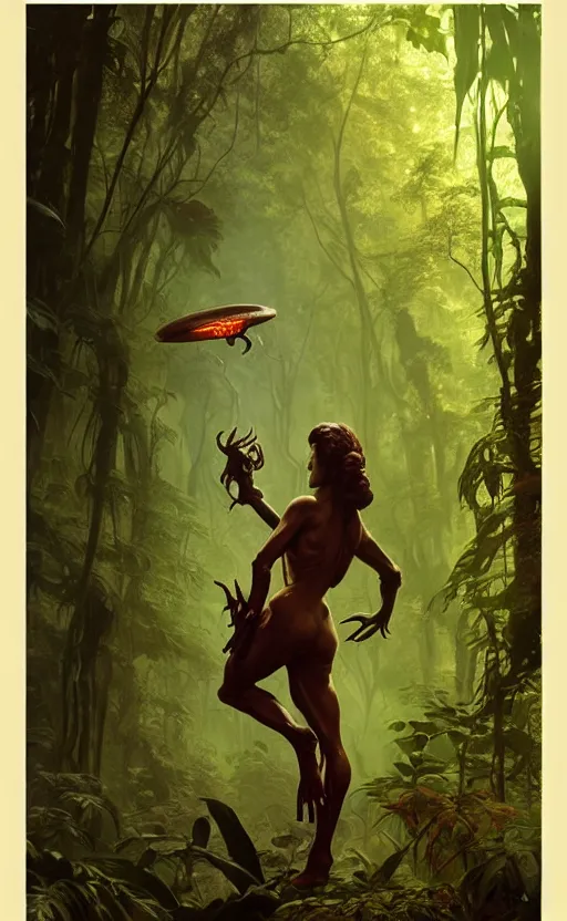 Image similar to alien magic creature poster art, humanoid, lush forest, movie art, by lucusfilm, weta studio, tom bagshaw, james jean, frank frazetta alphonso mucha, norman rockwell, 8 k, denoised