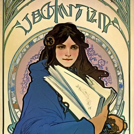 Prompt: Portrait of a female wizard with brown hair wearing a blue hood and blue robe holding a book, art nouveau poster by alphonse mucha, extremely detailed