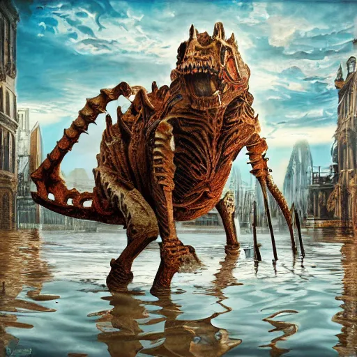 Image similar to giant quadruped bone creature walking through the center of a flooded city, extreme detail, abstract realism, highly ornate intricate details, 1 9 2 0's colored pencil, 4 k, cinematic lighting,