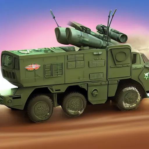 Image similar to high quality picture of HIMARS with rockets, Cars Pixar movie style, detailed, green