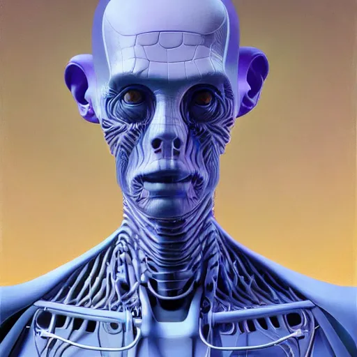 Image similar to Fractal portrait of an artificial intelligence humanoid, very coherent, painted by Edward Hopper, Wayne Barlowe, painted by James Gilleard, airbrush, art by JamesJean