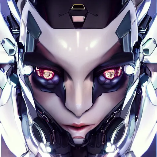 Image similar to a mecha version woman, glowing irises, very symmetrical face, highly detailed, widow maker, by vitaly bulgarov, by yoji shinkawa, by joss nizzi, by ben procter, by steve jung, metal gear solid, transformers cinematic universe, pinterest, artstation, unreal engine