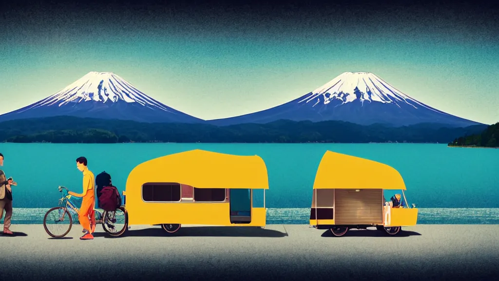 Prompt: a scene of two travellers and their camper touring at yamanaka lake, reflecting mount fuji, japan, a collage painting, in the style of wes anderson, lola dupre, david hockney, isolated on negative white space background dark monochrome neon spraypaint accents volumetric octane render