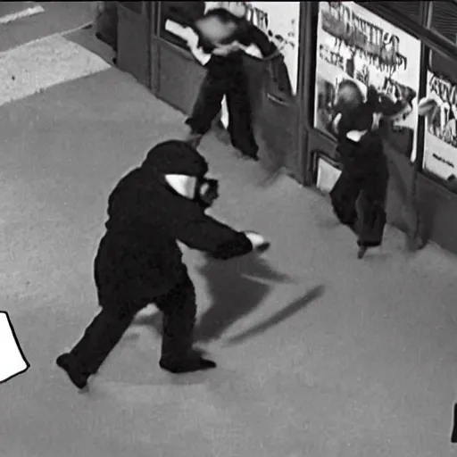 Image similar to B&W cctv footage of Grimace attacking Ronald