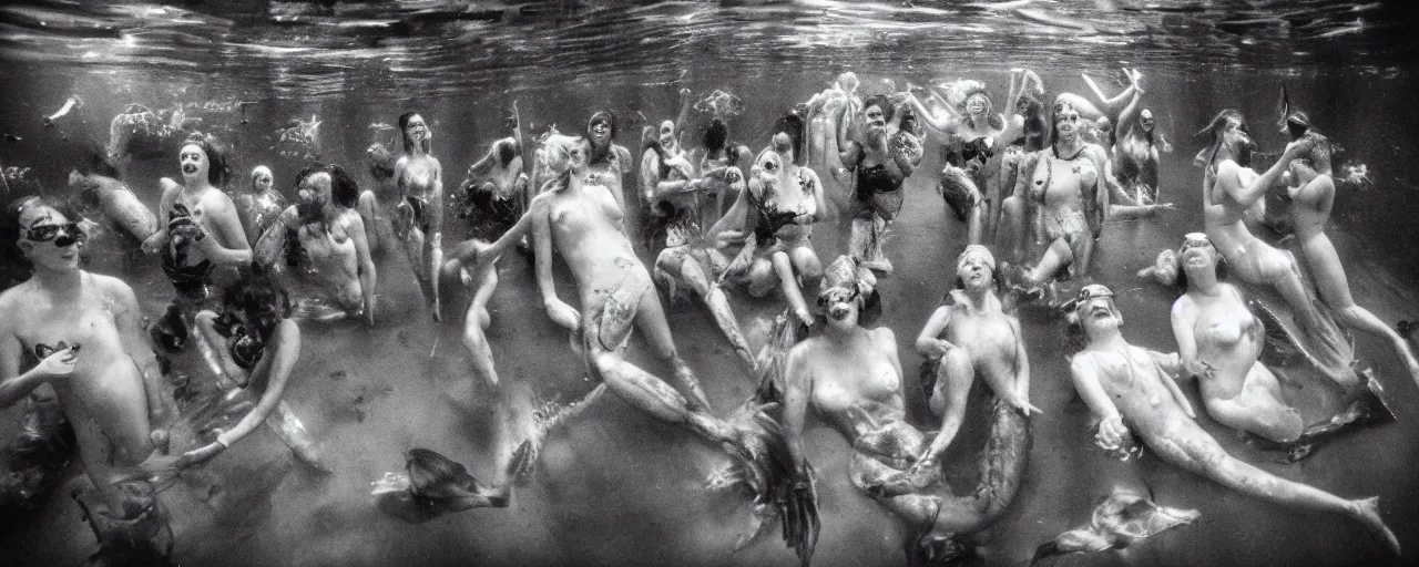 Prompt: an ultra wide in colour 3 5 mm film photo of gathering of half alien half human half mermaid hybrids, hunting underwater in a public swimming pool, liminal spaces, ritual occult gathering, film grain