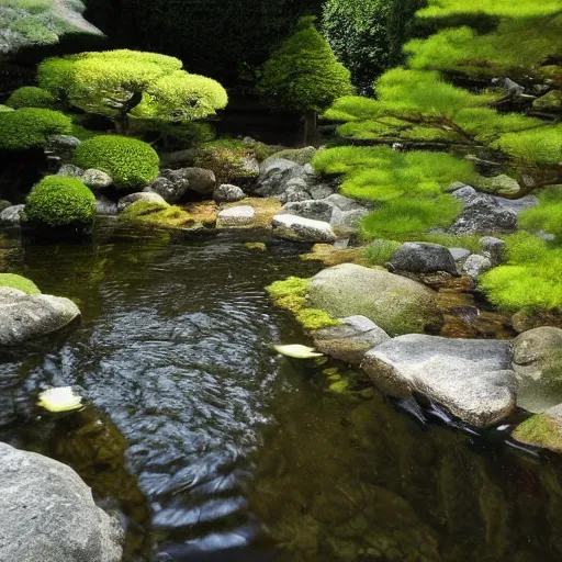 Image similar to photo of japanese house with small stream beside the house. koi fish are swimming in the stream, high detail, cinematic, beautiful