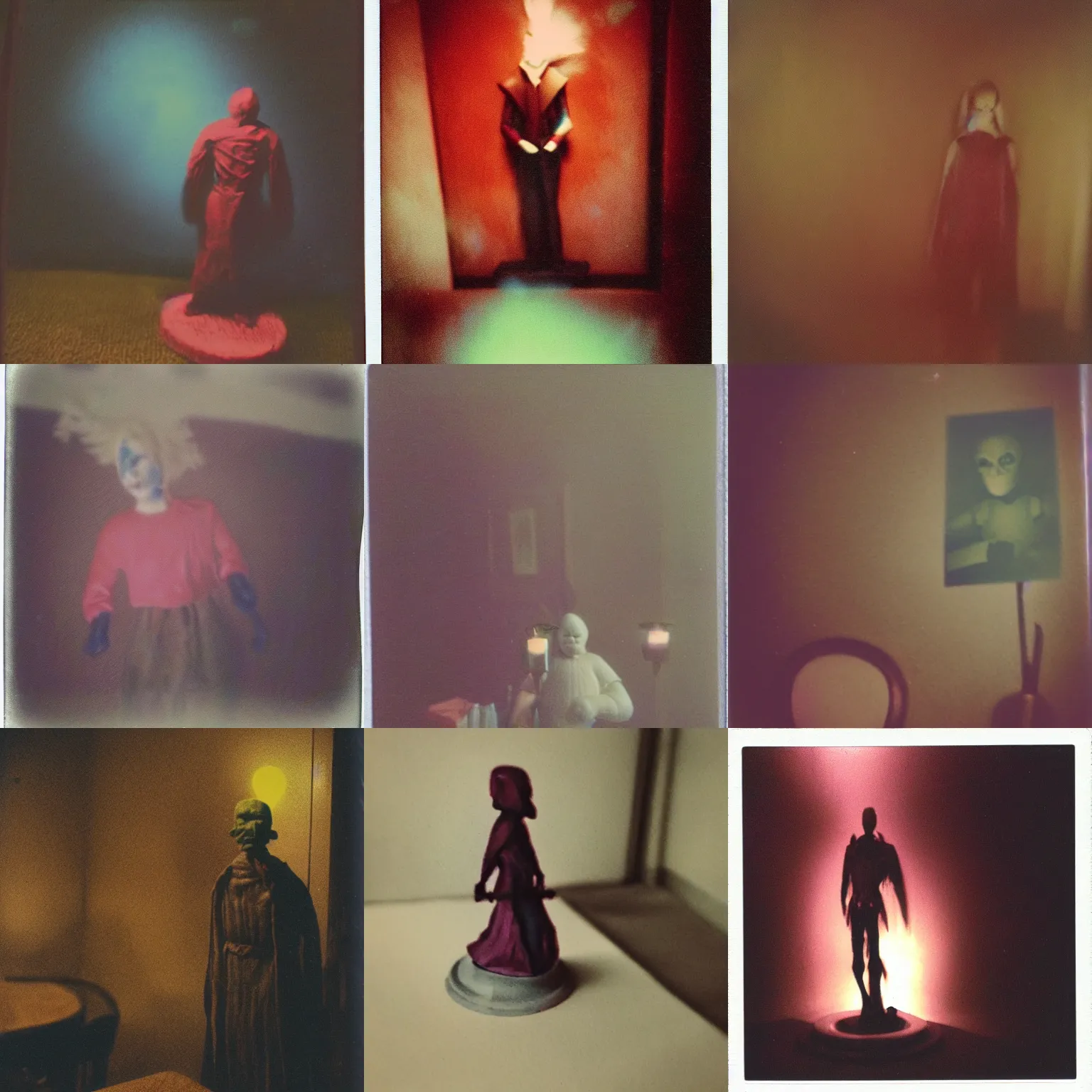 Prompt: coloured atmospheric polaroid photo of a realistic wraith figure in a dining room low light atmospheric