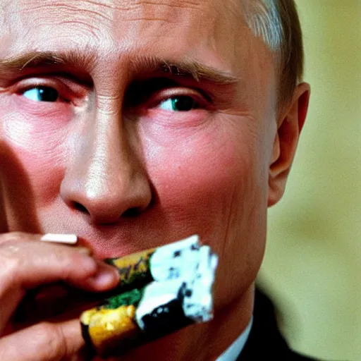 Prompt: Vladimir Putin smoking huge amounts of cannabis with a bong