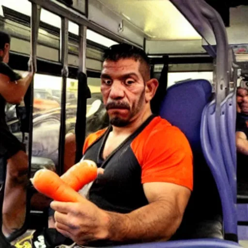 Image similar to antonio rodrigo nogueira holds a single carrot, and antonio rogerio nogueira has his hand on the bus behind them ; photo