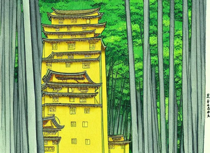 Image similar to japanese yellow fortress in a city inside the bamboo forest by studio ghibli painting
