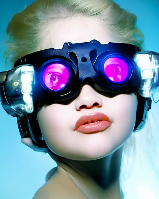 Prompt: centered portrait photo of cute young anna nicole smith as a solarpunk mecha humanoid robotic parts wearing goggles with bright lights, real human face, pudica pose by bouguereau, inside white room, ultra - realistic and detailed, 8 k