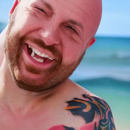 Image similar to a joyous bald man with a tattoo of a pink - haired goddess on his chest